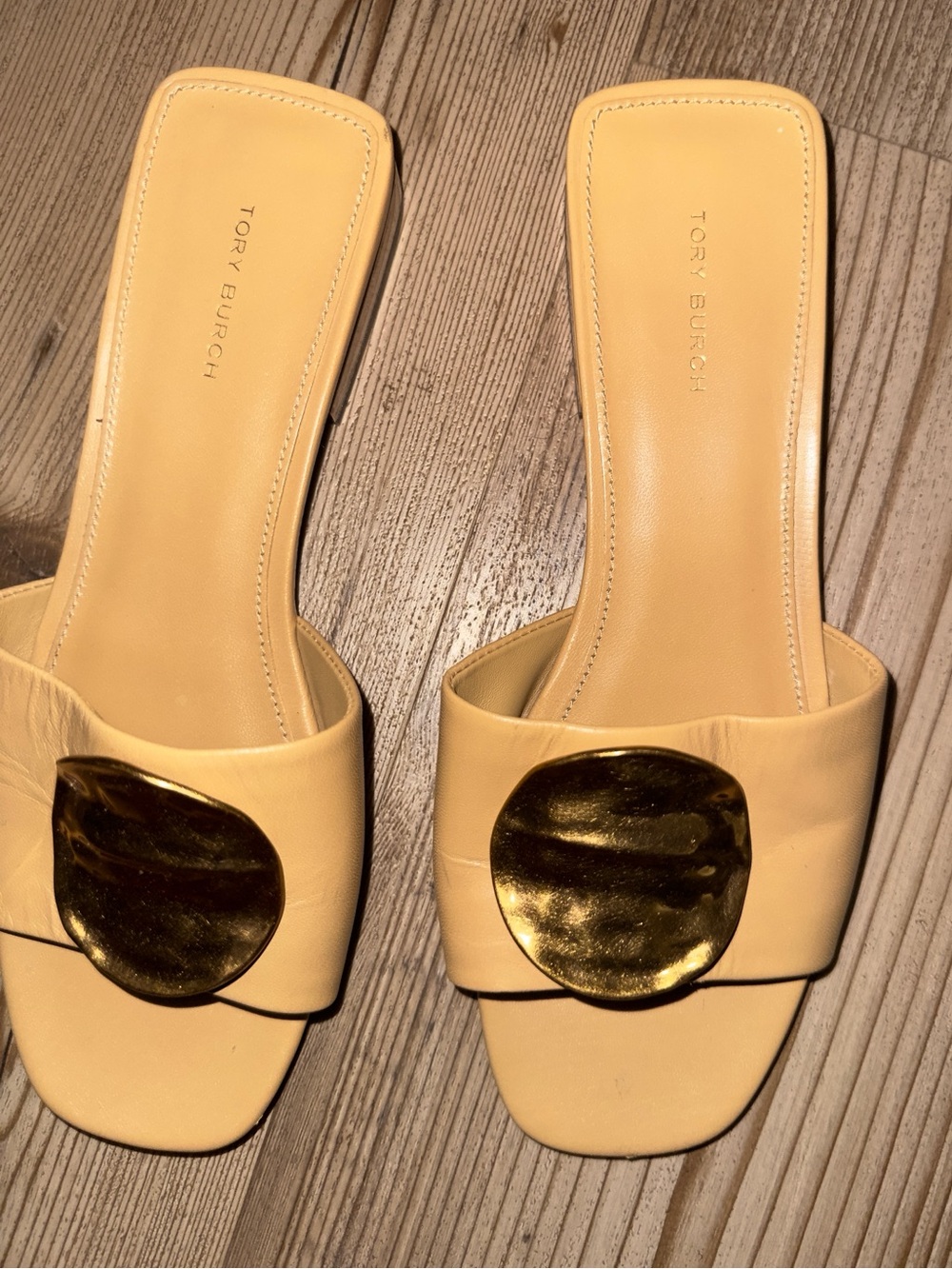 Tory Burch Cream Slide Mules with Gold Disc